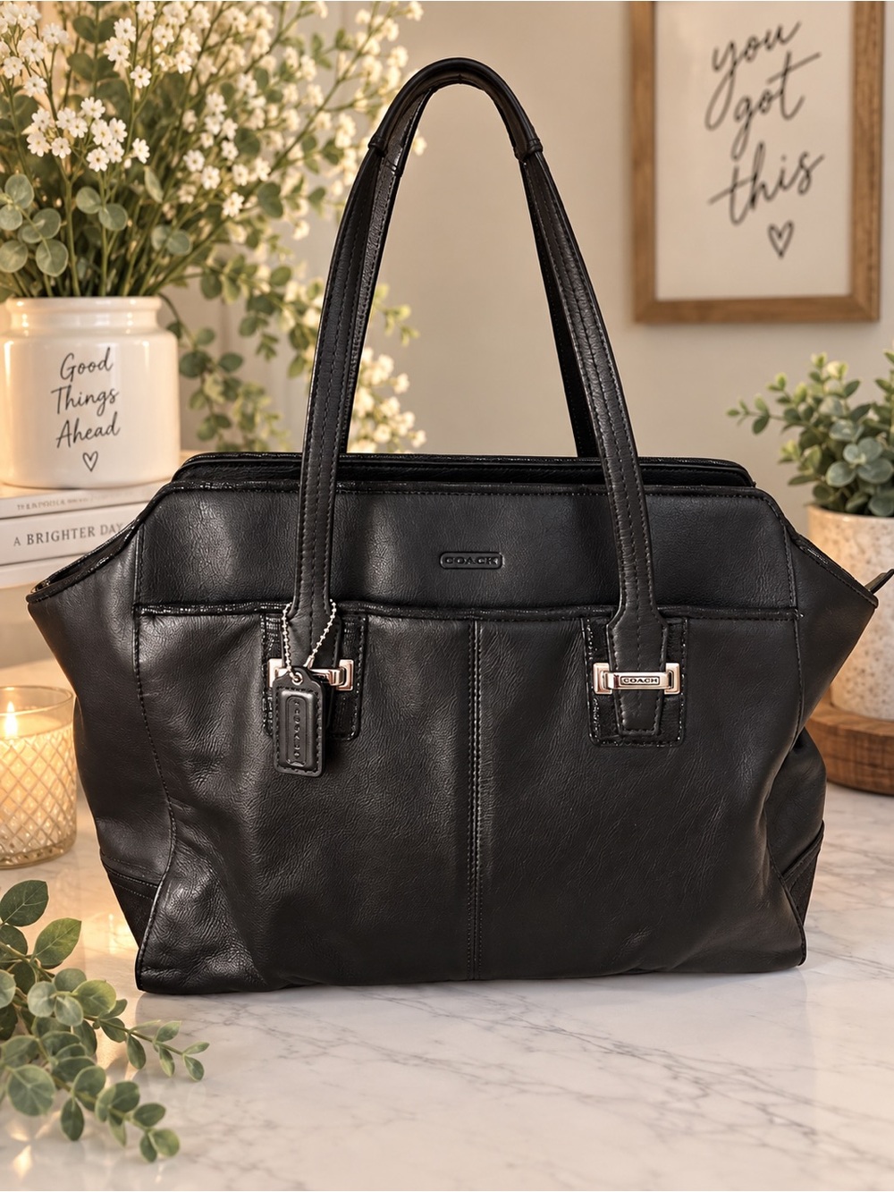 Coach Black Leather Tote with Silver Hardware